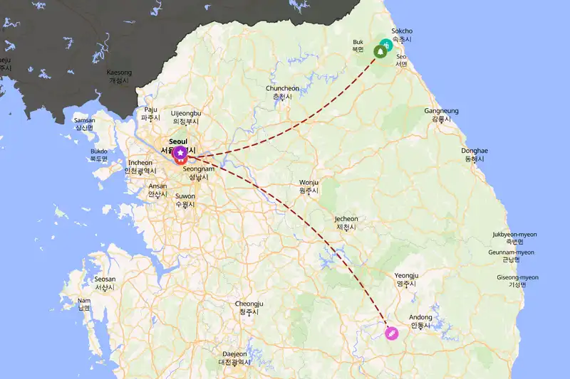 Example South Korea itinerary planner route
