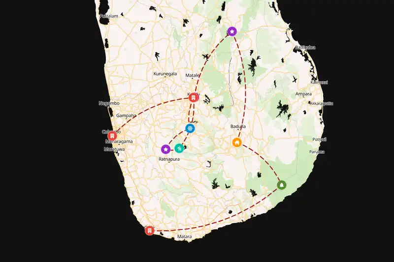 Example Sri Lanka itinerary planner route