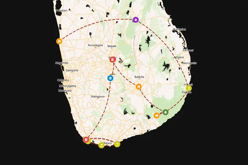 Example Sri Lanka itinerary planner route