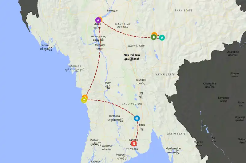 Example Myanmar itinerary planner route