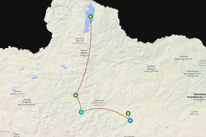 Example Mongolia itinerary planner route