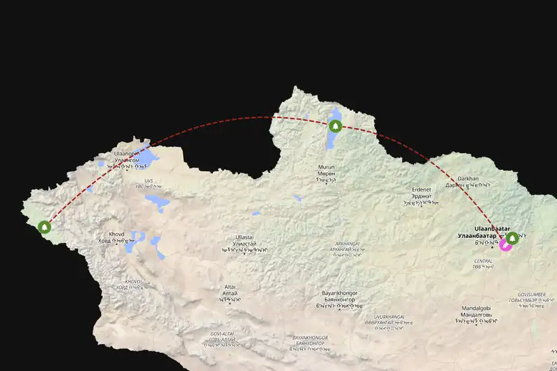 Example Mongolia itinerary planner route