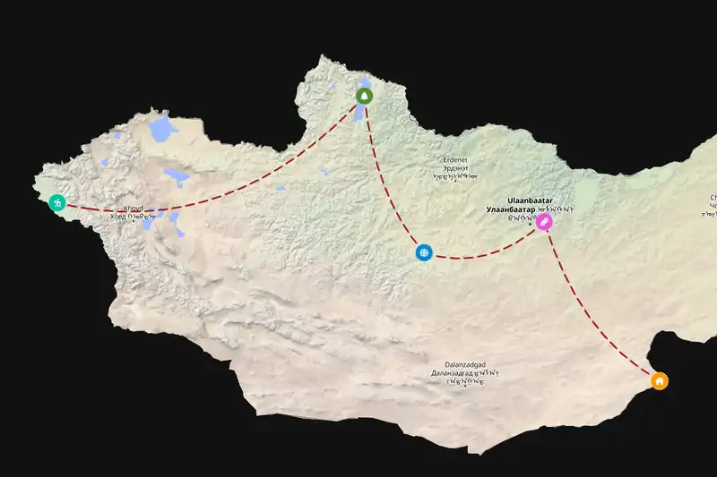 Example Mongolia itinerary planner route