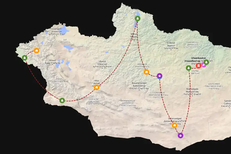 Example Mongolia itinerary planner route