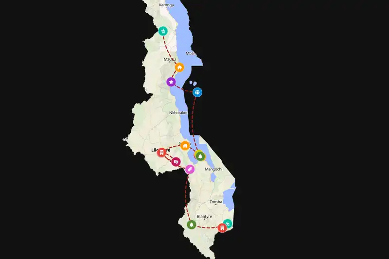 Example Malawi itinerary planner route
