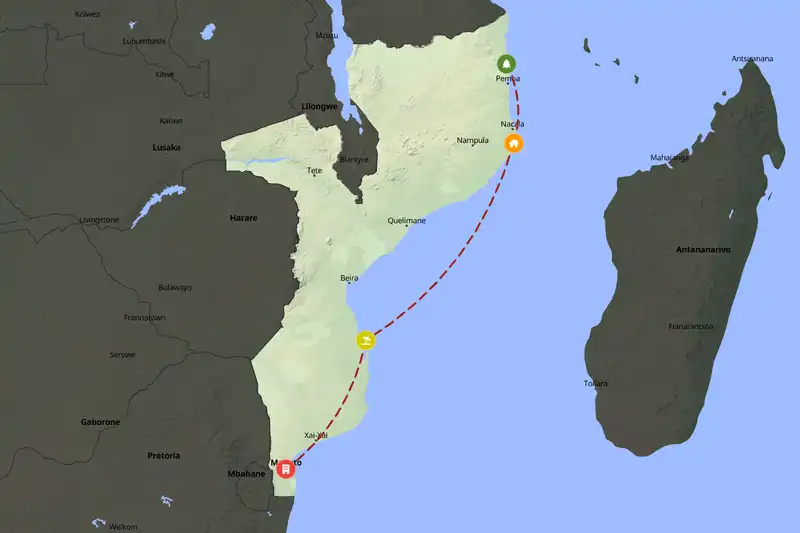 Example Mozambique itinerary planner route