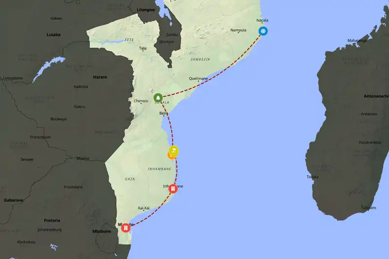 Example Mozambique itinerary planner route