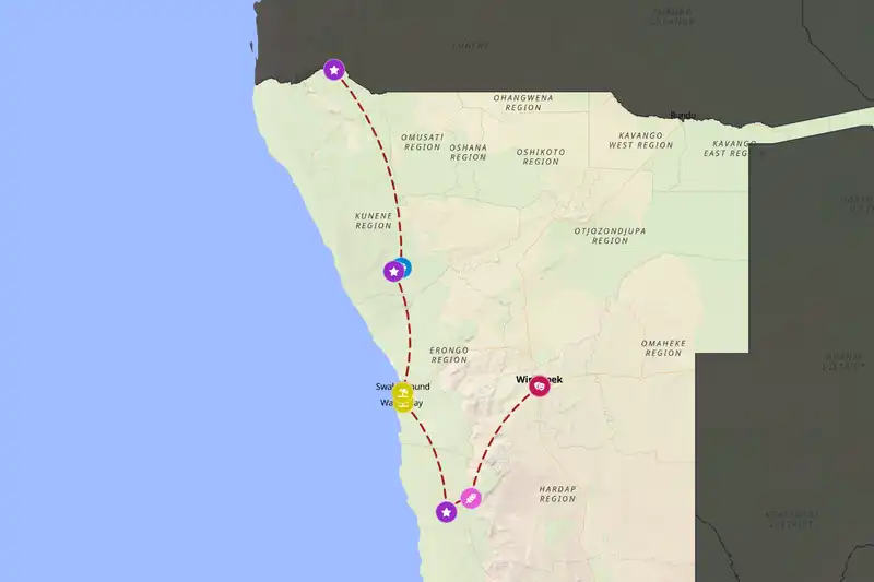Example Namibia itinerary planner route