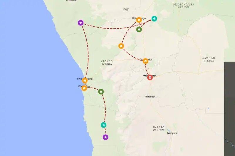 Example Namibia itinerary planner route