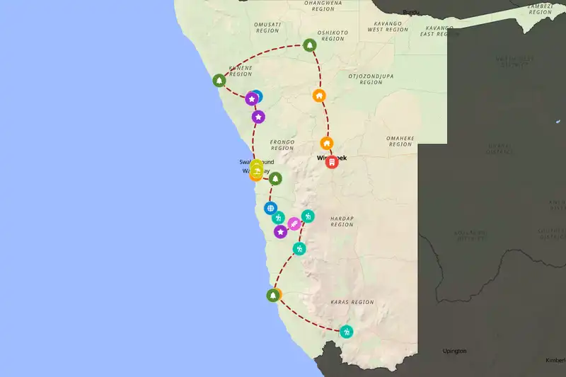 Example Namibia itinerary planner route