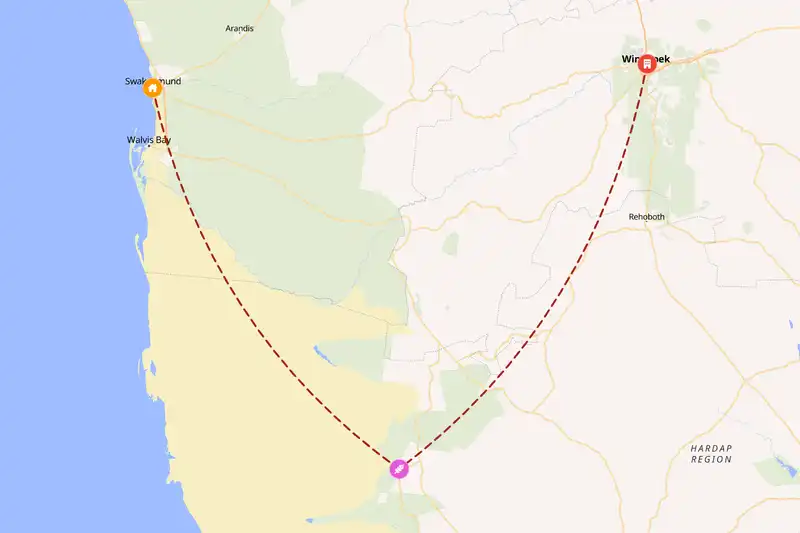 Example Namibia itinerary planner route