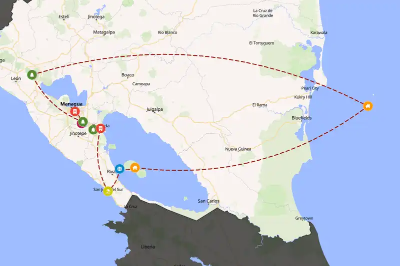 Example Nicaragua itinerary planner route