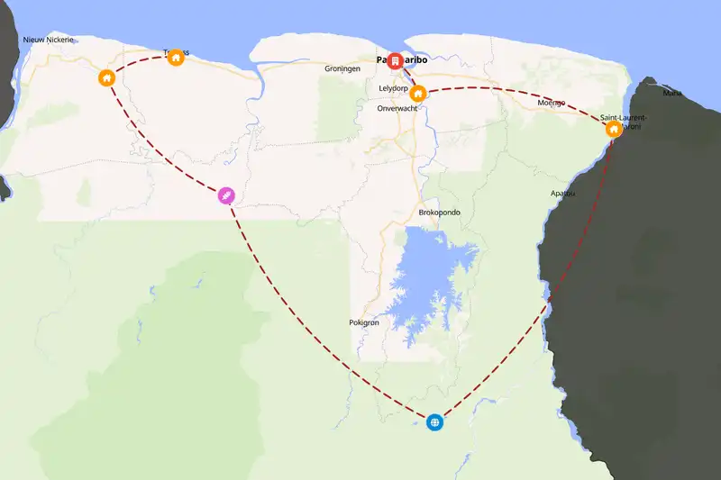 Example Suriname itinerary planner route