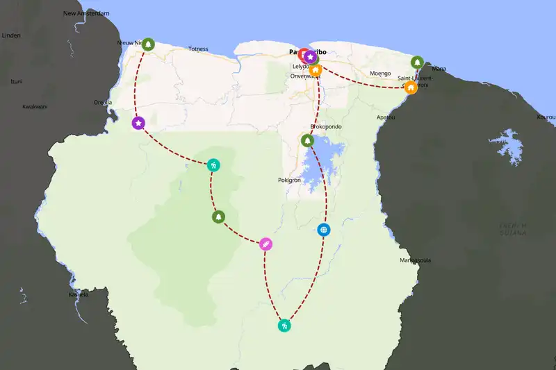 Example Suriname itinerary planner route