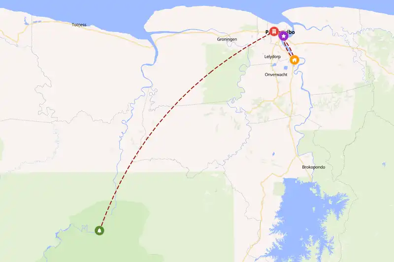 Example Suriname itinerary planner route