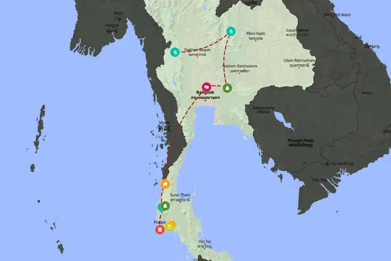 Example Thailand itinerary planner route