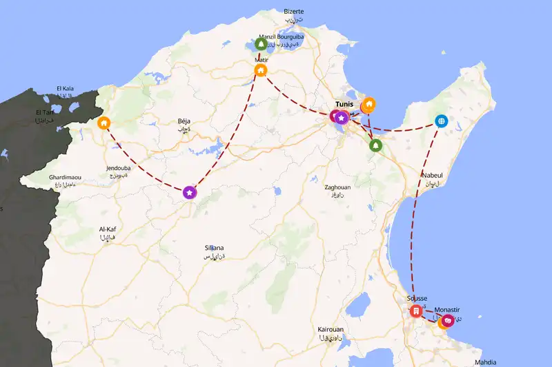 Example Tunisia itinerary planner route