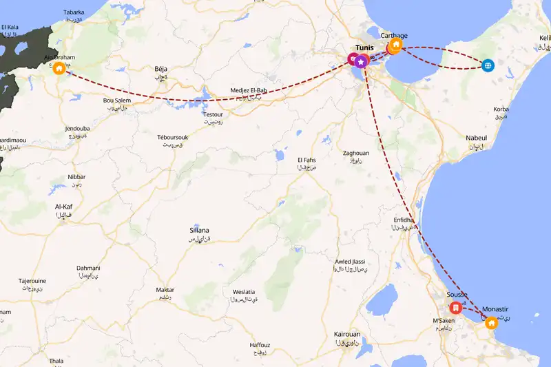 Example Tunisia itinerary planner route