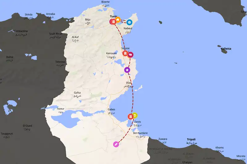 Example Tunisia itinerary planner route