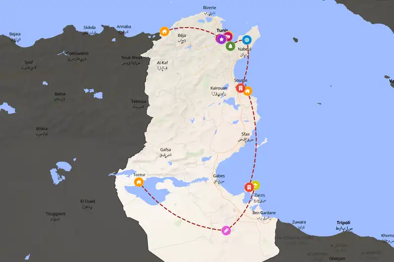 Example Tunisia itinerary planner route