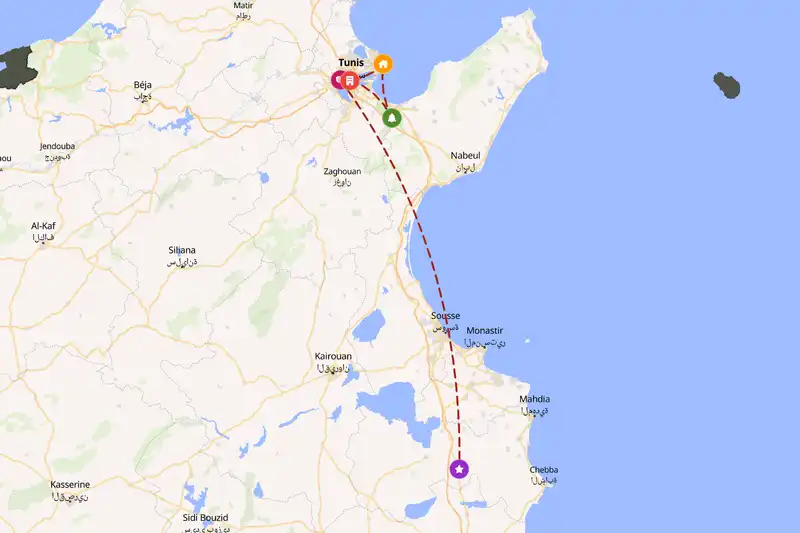 Example Tunisia itinerary planner route