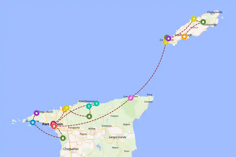 Example Trinidad and Tobago itinerary planner route