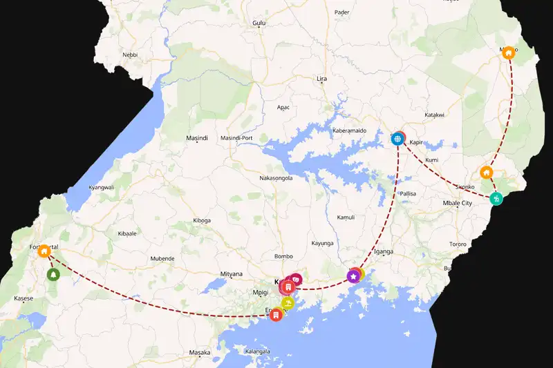 Example Uganda itinerary planner route