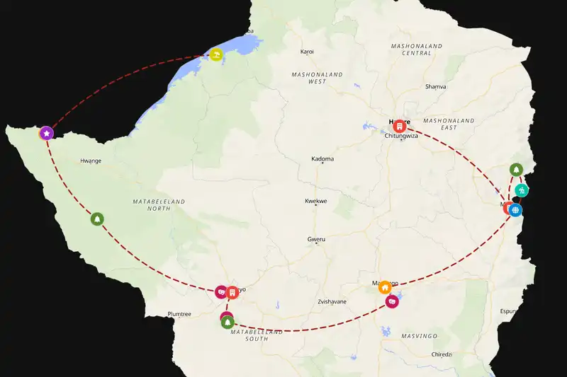 Example Zimbabwe itinerary planner route