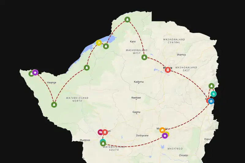 Example Zimbabwe itinerary planner route