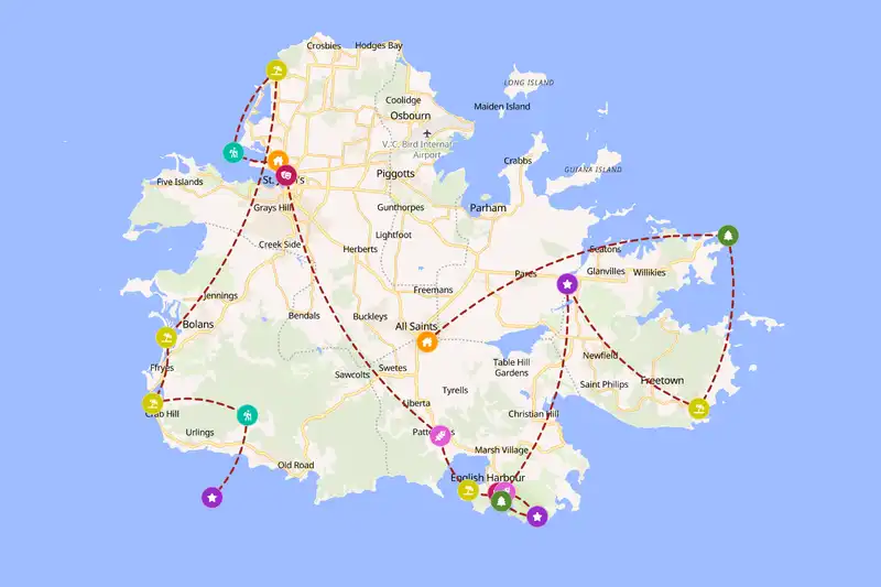 Example Antigua and Barbuda itinerary planner route