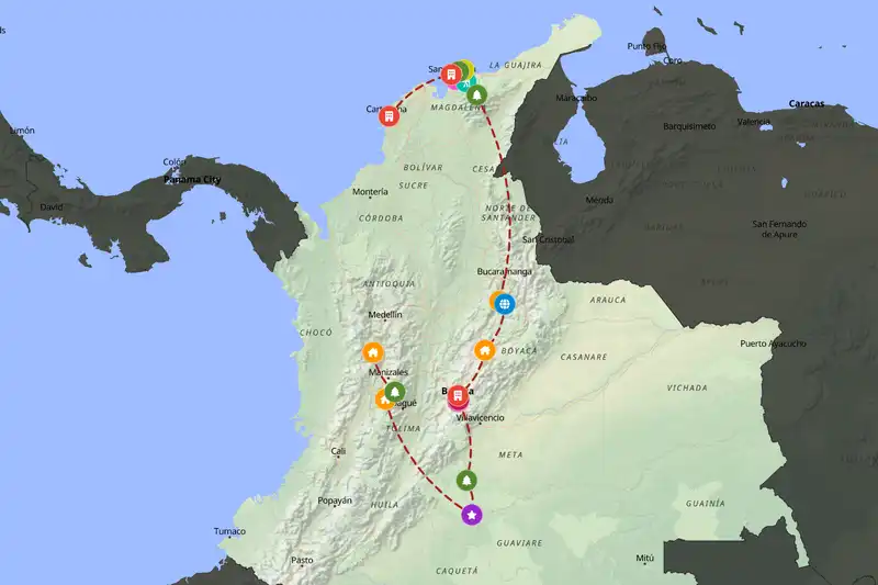 Example Colombia itinerary planner route