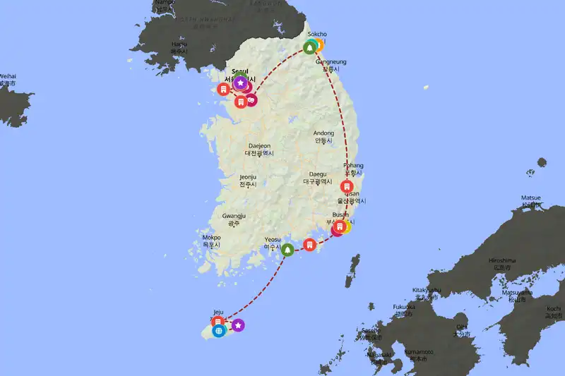 Example South Korea itinerary planner route