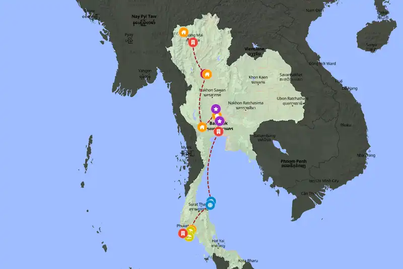 Example Thailand itinerary planner route