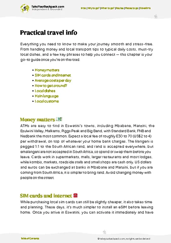 example page 7 from our offline Travel Guide for Eswatini