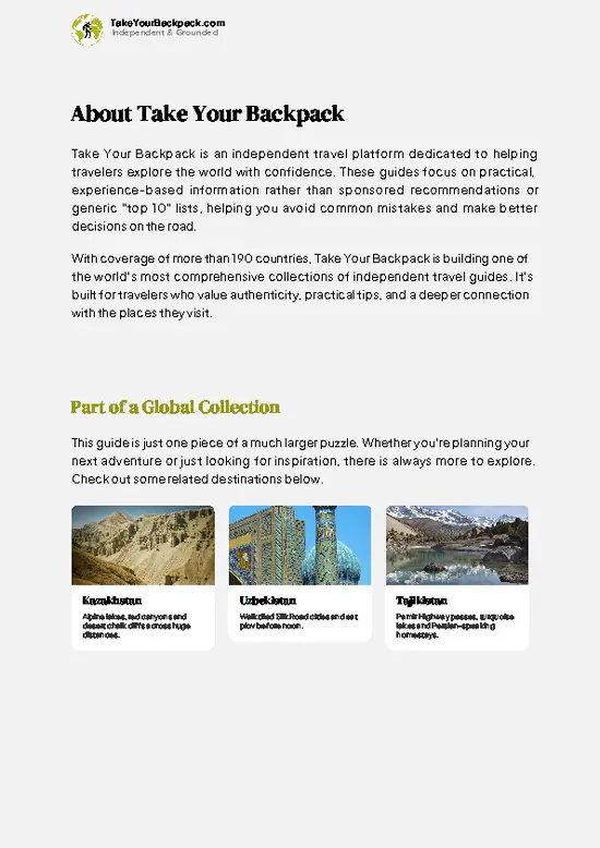 example page 1 from our offline Travel Guide for Kyrgyzstan