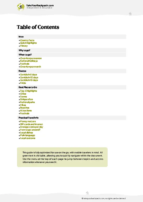 example page 2 from our offline Travel Guide for Zambia