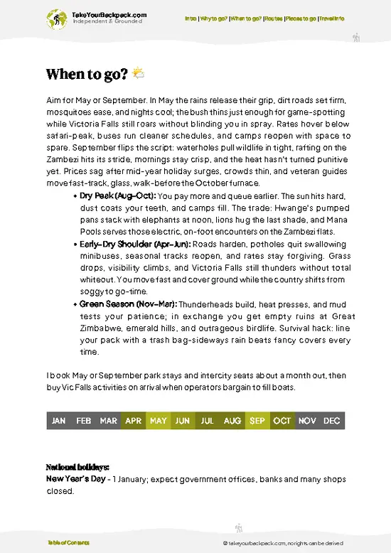 example page 3 from our offline Travel Guide for Zimbabwe