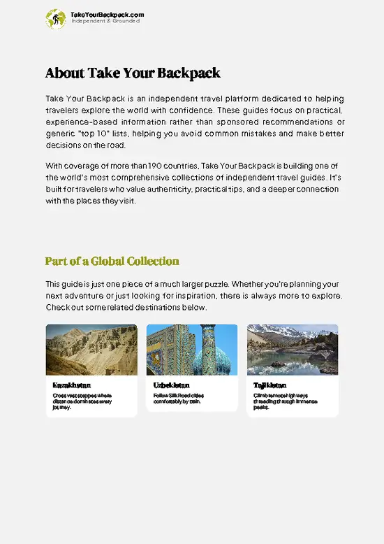 example page 1 from our offline Travel Guide for Kyrgyzstan