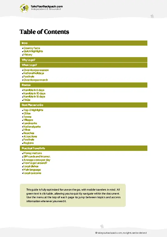 example page 2 from our offline Travel Guide for Namibia