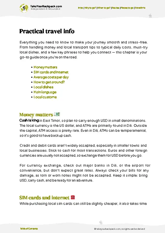 example page 7 from our offline Travel Guide for Timor-Leste