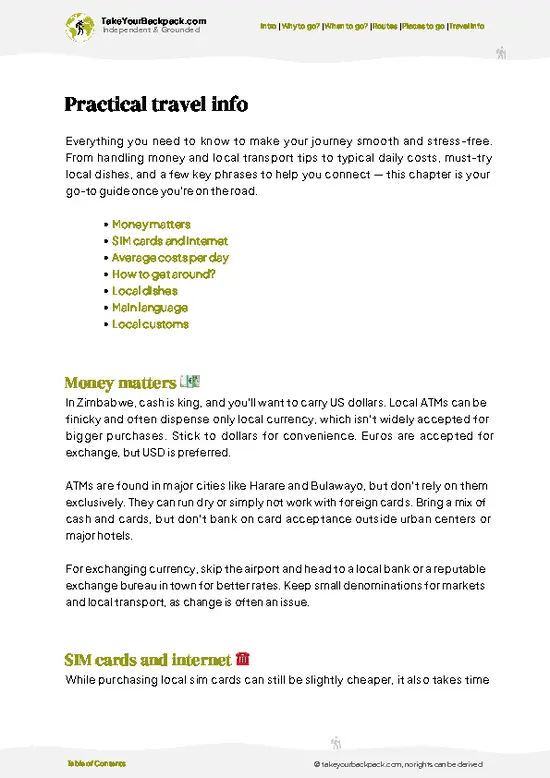 example page 7 from our offline Travel Guide for Zimbabwe